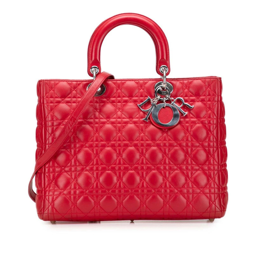 Dior Cannage Lady Handbag Shoulder Bag Red Silver Lambskin